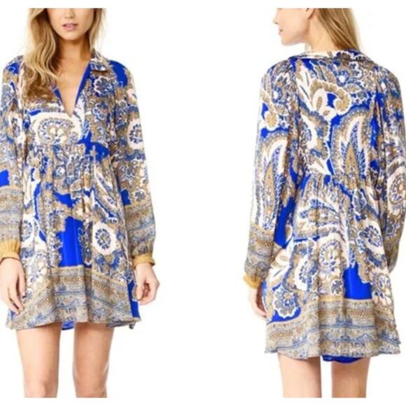 Free People Say You Love Me Mini Dress XS Boho Blue Paisley Fall Festival Flowy - Picture 1 of 8